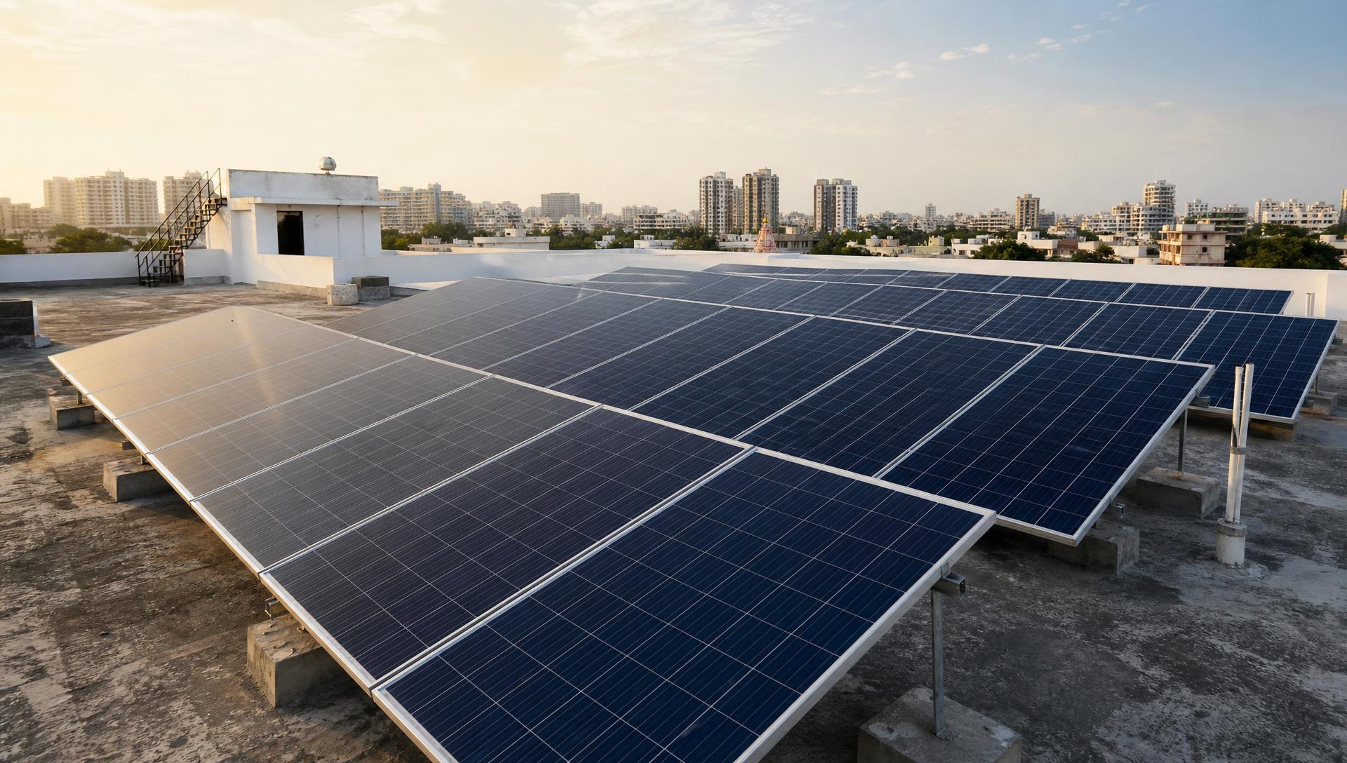 Rooftop solar panel installation in Gujarat at sunrise